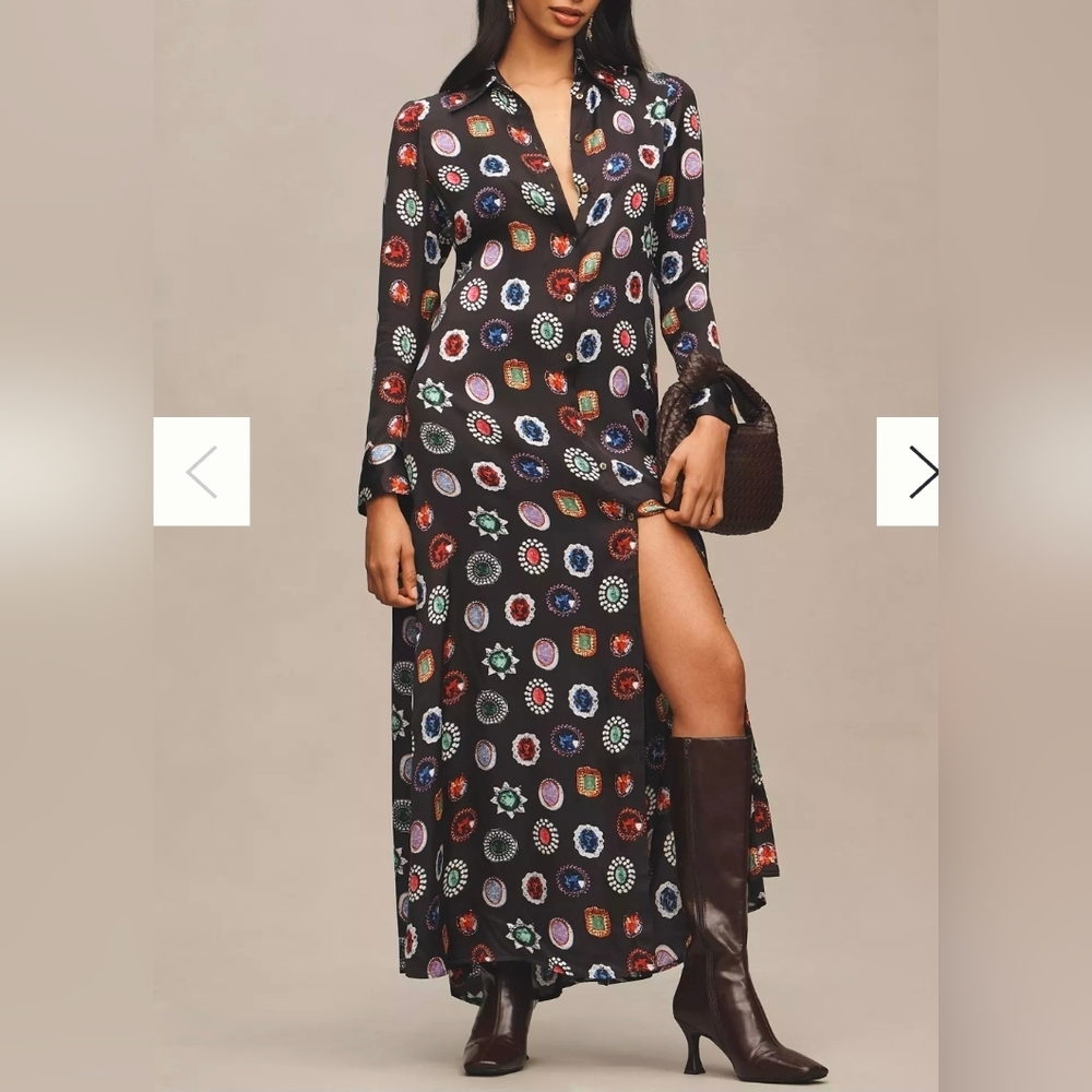 Corey Lynn Calter Long-Sleeve V-Neck Jewel Maxi Shirt Dress by Anthropologie